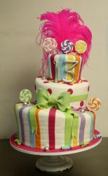 Three tier topsy turvy 13th birthday cake with swirl candy pop theme.JPG