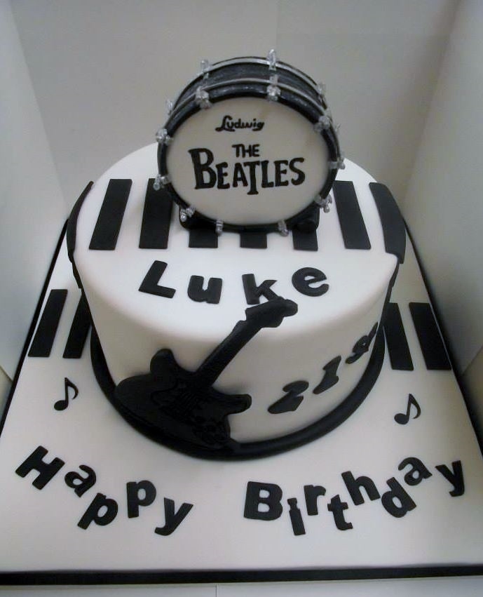 Beatles theme music birthday cake with Ludwig drum on top.JPG