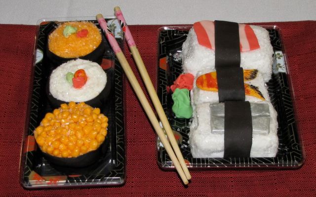 Sushi boxes cake with chopsticks.JPG