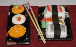 Sushi boxes cake with chopsticks.JPG