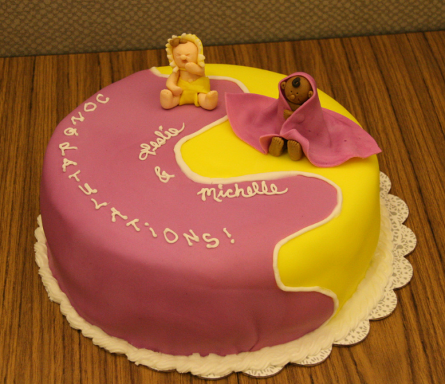 Fun Baby Shower Cake with two babies toppers.PNG