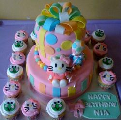 2 tier Hello Kitty pink birthday cake & accompanying Cupcakes.JPG