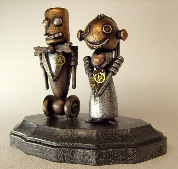 Robot Bride and Groom Wedding Cake Topper Wood Statues.PNG