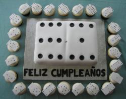 Domino theme birthday cake with Feliz Cumpleanos Happy Birthday in Spanish.JPG