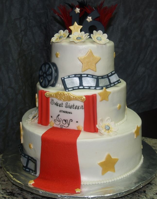 Hollywood theme 3 tier sweet sixteen birthday cake.JPG