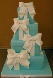 Four tier stacked light blue gift box cake with white bow.JPG