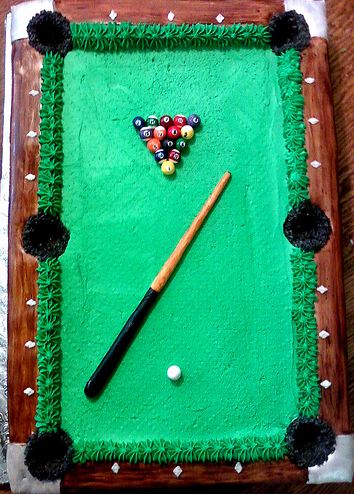 Pool table cake with pool cue and balls.JPG