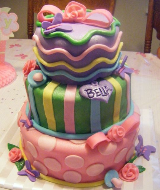 Three tier baby shower cake with pokadots and waves.JPG