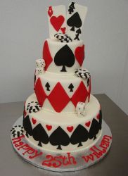 Three tier Poker theme cake with Ace of Hearts and Ace of Spades as toppers.JPG