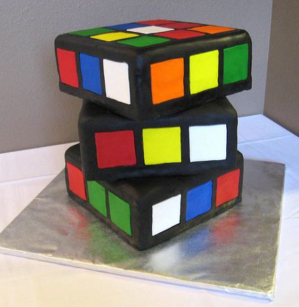 Rubiks cube offset cake in 3 tiers.JPG
