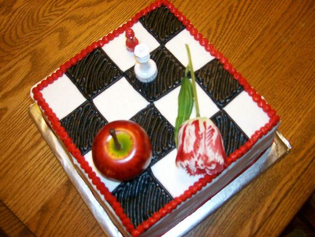 Mini chess board cake with apple and rose.JPG