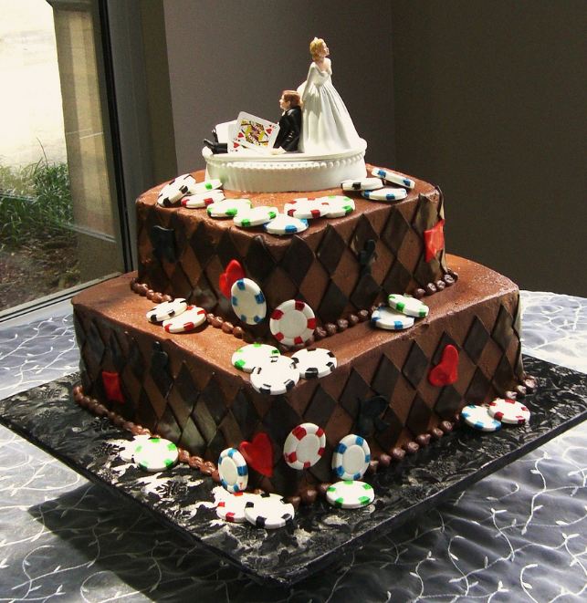 Two tier chocolate poker theme wedding cake.JPG