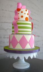 Three tier round birthday cake with pink ribbon bow on top.JPG