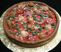Pepperoni and mushroom pizza pie theme cake.JPG