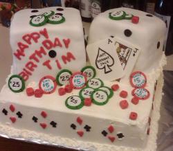 Casino theme cake with chips and twin dice.JPG