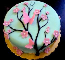 Blue round cake with pink blossoms.JPG