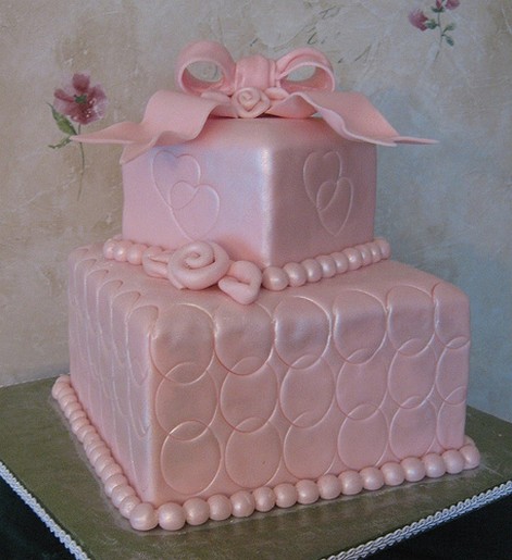 Bright pink wedding cake in square