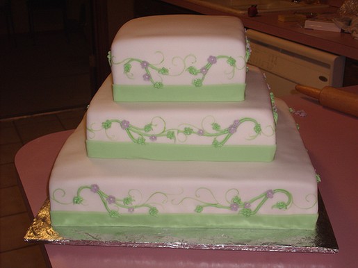 square cake with green and purple patterns