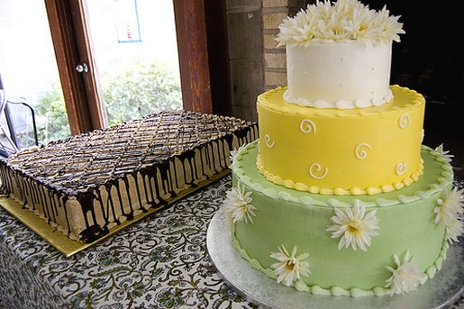 three tier wedding cake in three different colors
