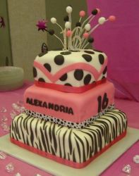 Three tier Sweet 16 birthday cake with zebra stripes.JPG