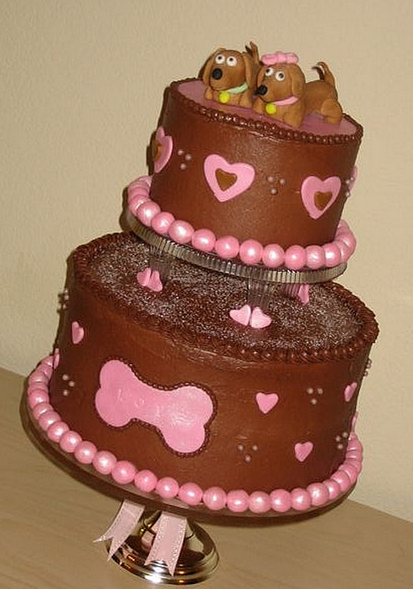 Chocolate engangement cake with two dogs cake topper.PNG