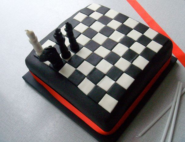 Chess board cake with red accent.JPG