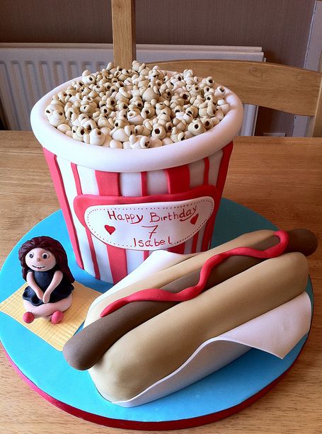 Hot Dog in a bun and Popcorn birthday cake.JPG