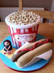 Hot Dog in a bun and Popcorn birthday cake.JPG