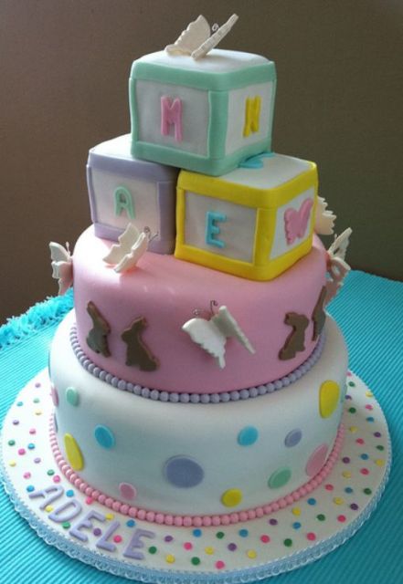 Multiple Tier Round Baby Shower Cake For Girl With Baby Blocks And