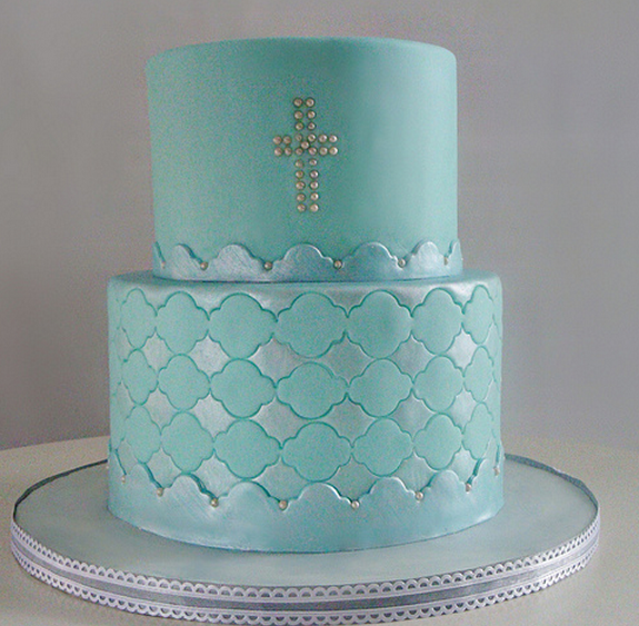 Chic Boy Baptism cake with two tiers in blue with silver cake decor.PNG