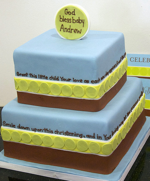 Modern boy baptism cakes in blue, green and brown.PNG