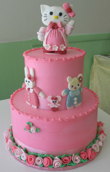 Two tiers hello kitty cakes with hello kitty topper cake in pink