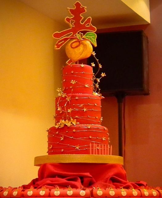 3 tier red Chinese theme wedding cake with Chinese character on top.JPG