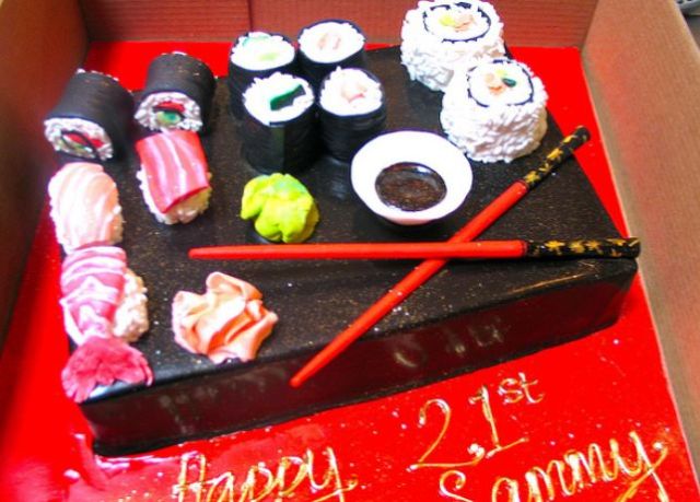 Sushi plate 21st birthday cake with chopsticks, wasabi and soy sauce.JPG