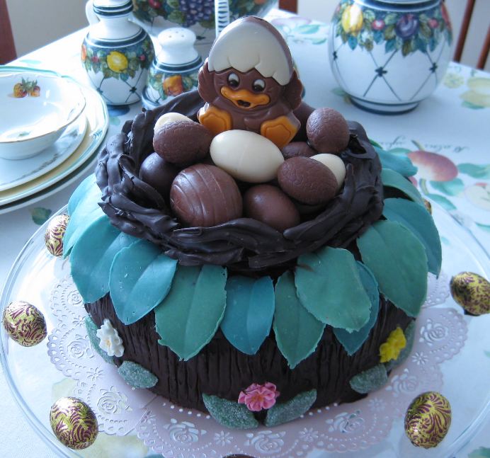 Chocolate cake with chocolate eggs in a nest on top.JPG