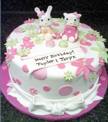 Hello Kitty twins cakes in white and pink cake decors.PNG