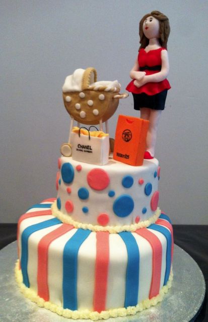 2 Tier Baby Shower Cake With Pregnant Woman Shopping Bags