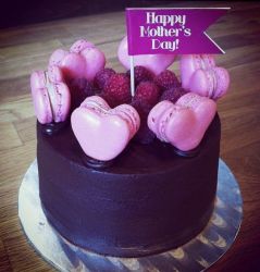 Chocolate Mother's Day Cake with Pink Heart Cookies & Rasberries.JPG