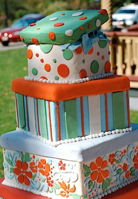 4 tier pokadot and stripe theme birthday cake.JPG
