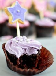 Chocolate cup cake with lavender cream and star on a stick.JPG