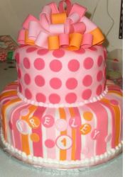 Pink and orange birthday cake with ribbon on top.jpg