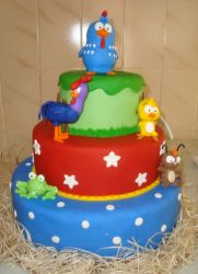 3 tier animal theme cake with chickens and frog.JPG