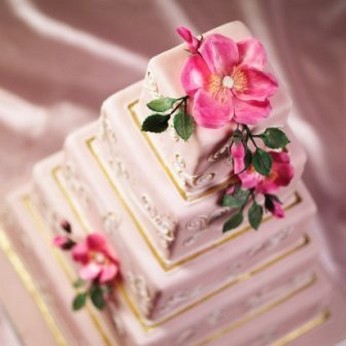 big square wedding cake with pink flowers