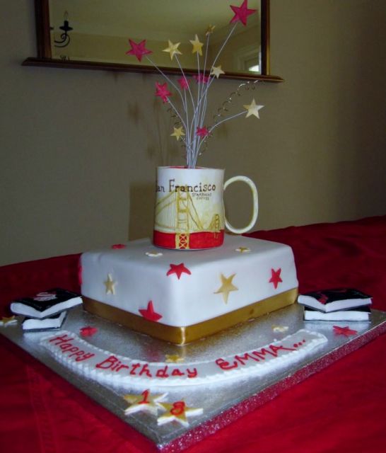 Square birthday cake with Coffee mug and streamers.JPG