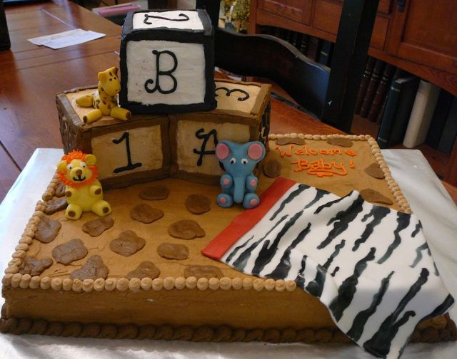 Chocolate Baby Shower Cake With Play Blocks And Jungle Animals And