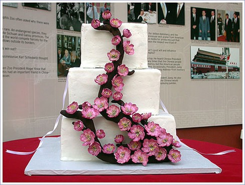 fashion wedding cake in square with pink flowers