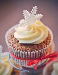 Winter theme chocolate cupcake with vanilla frosting and snowflake and red bow.JPG